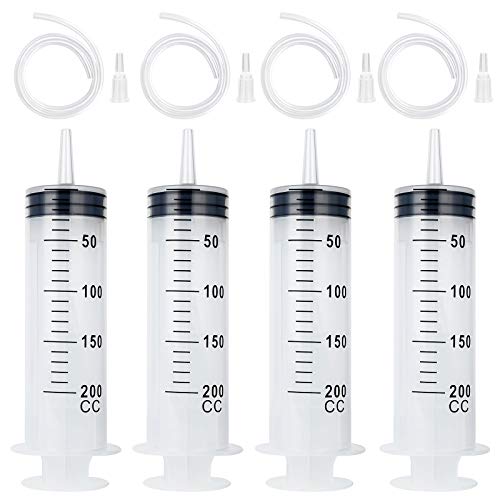 4 Pack 200ml Syringes, Large Plastic Syringe with 40inch Handy Plastic Tubing for Scientific Labs, Watering, Feeding, Refilling, Injecting, Drawing Oil, Fluid and Water