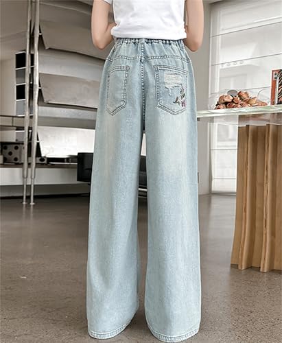SANGTREE Kids Girls Wide-Leg Jeans Embroidered Ripped Denim Pants, 4-14 Years3