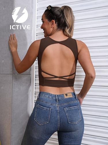 Fihapyli ICTIVE Women's Sleeveless Backless Tank Top Criss Cross Back Slim Fit Workout Yoga Crop Casual Shirts Coffee S — view 3