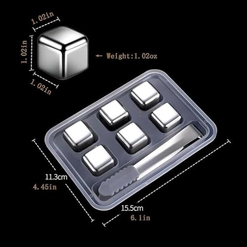 Image of 6 Stainless Steel Whiskey Stones Ice Cubes with Tongs & Container - Food Grade Quick-Frozen Ice for Red Wine, Whiskey, Cocktails - Reusable Metal Ice Cubes for Chilling Drinks (6 PIC)