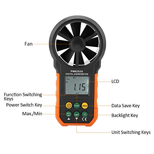 PM6252A Digitales Windgeschwindigkeitsmessgerät Tragbares Luftmengenmessgerät mit Großem LCD-Bildschirm und Hintergrundbeleuchtung