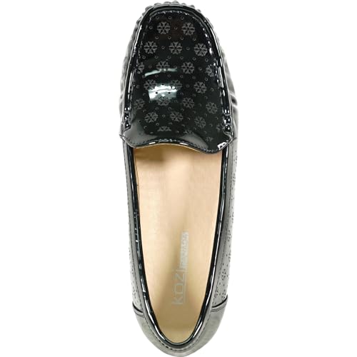 Image of KOZI Women Comfort Casual Wedge Shoe Slip-On Loafer ML Collection Round Toe Penny Loafer Removable Insole Black Champagne