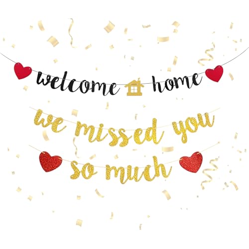 Welcome Home We Missed You So Much Banner Black Gold Glitter Welcome Home Banners Set Hanging Flags Sign Decor for Housewarming Return Parties and Family Theme Celebrations