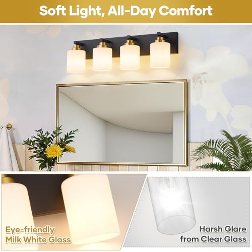 Image of Vanity Lights for Bathroom, 4-Light Black and Gold Bathroom Vanity Light Over Mirror with Milky White Glass Shades, Modern Bathroom Light Fixtures for Living Room Hallway Cabinet (Bulbs Not Included)