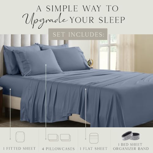 Image of KARISSA MAE 6 Piece Luxury Bamboo Viscose Queen Sheet Set, 4 Pillowcases | FSC Certified | Cooling | Ultra Soft | 18 inch Deep Pockets | Elastic Corner Straps | Includes Organizer Band [Slate Blue]