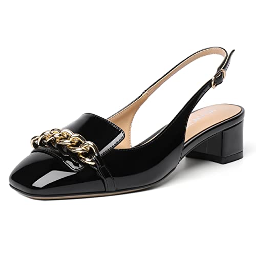 MOVINSTEPS Womens Slingback Buckle Square Closed Toe Dating Patent Solid Ankle Strap Cute Chunky Low Heel Pumps Shoes 1.5 Inch