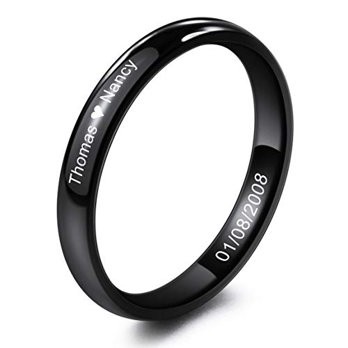 INBLUE Personalized Promise Rings Engraving Name Date Custom Rings for Women Best Friend Mothers Day Stainless Steel Wedding Band Ring Jewelry Valentines Gift for Her (Black Color)