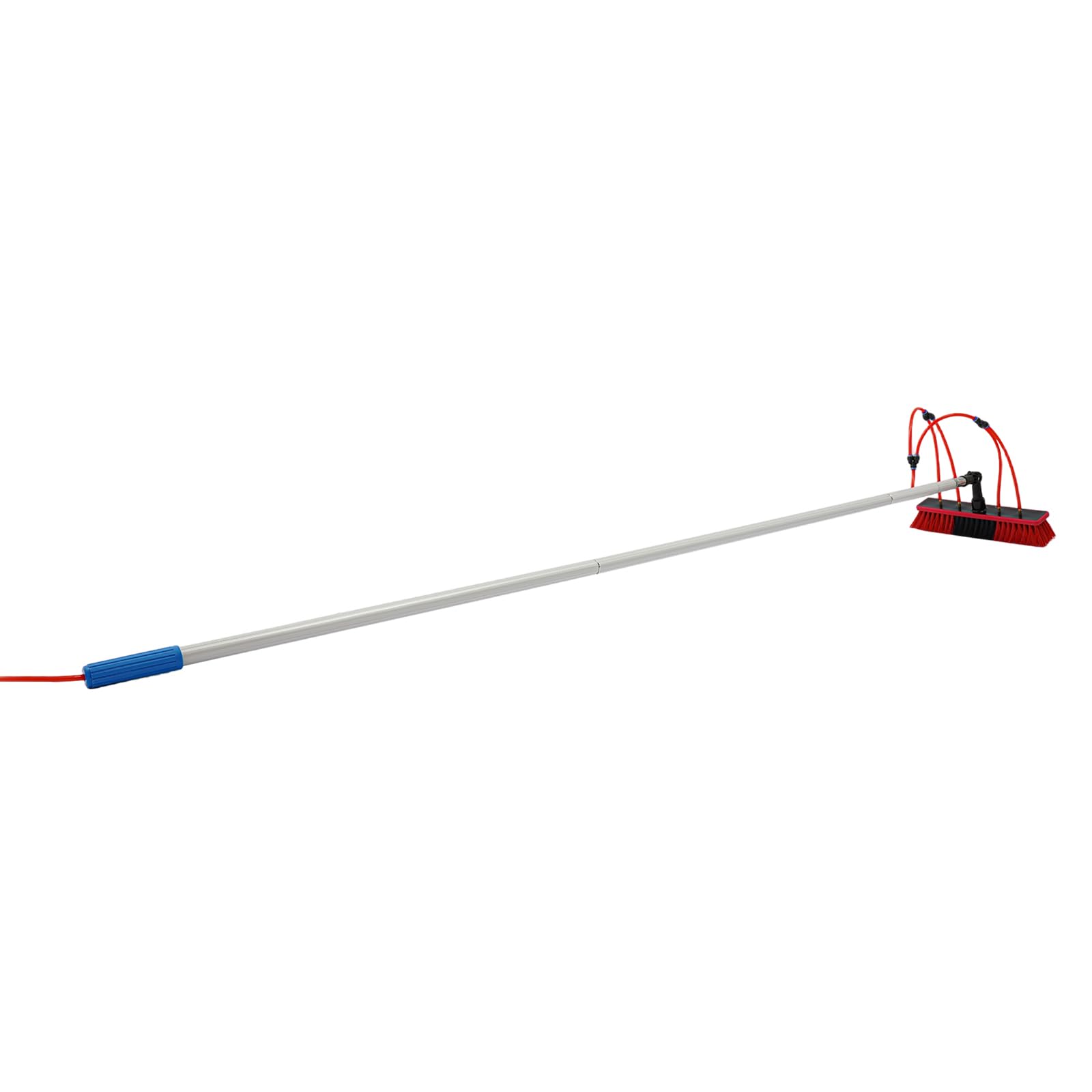 Cepillo de lavado telescópico con cabezal de cepillo giratorio 180°, 4 salidas de agua y manguera de agua de 20 m, cepillo de limpieza de aluminio de 35 cm, barra telescópica de limpieza para paneles