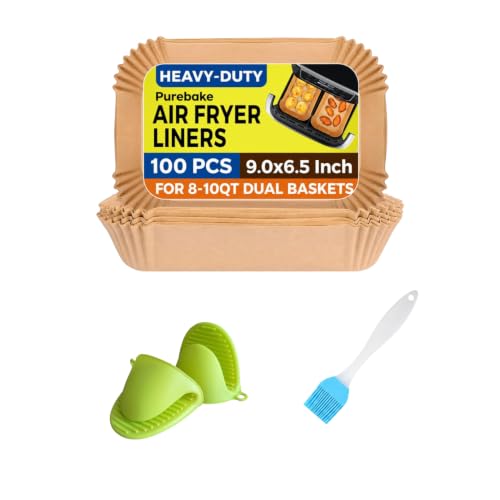 Image of Purebake Air Fryer Disposable Paper Liners | 100 Pcs Rectangle Parchment Sheets | Food-Grade, Non-Stick, Oilproof, Waterproof | Heat-Resistant up to 450F | Brush & Mittens Included