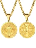 U7 Colgante Medalla San Benito Collar Hombre Acero Inoxidable Collar Colgante Hombre de Cruz de San Benito Chapado en Oro 18K con Catena Spiga 50+5cm Joyería Religiosa