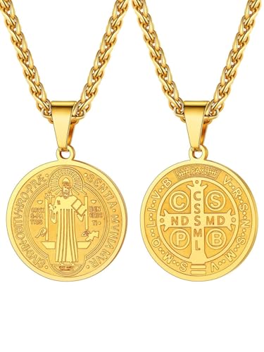 U7 Saint Benedict Medal Stainless Steel Gold St Benedict Medals Saint Benedict Necklace for Men Protection Catholic Necklace
