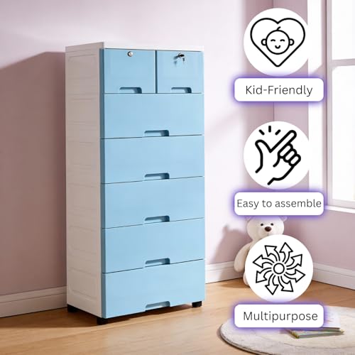 Image of The Tickle Toe Plastic Chest of 7 Drawers for Kids | Multipurpose Organizer for Boys in Blue Theme | Dresser Storage with 2 Locks | Glossy Finish | L51xW33xH121 cm | Blue