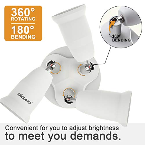 dicuno 3 in 1 e26 light socket splitter adapter standard base led bulb converter 360 degrees adjustable 180 degree bendable 3 way bulbs socket holder