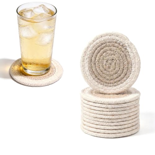 Image of Encasa XO Drink Coasters Set of 12 | Beige & Off White with Round (9 cm) | Handcrafted Ribbed Cotton | Absorbent & Heat-Resistant | Use for Tea, Coffee Table & Desk