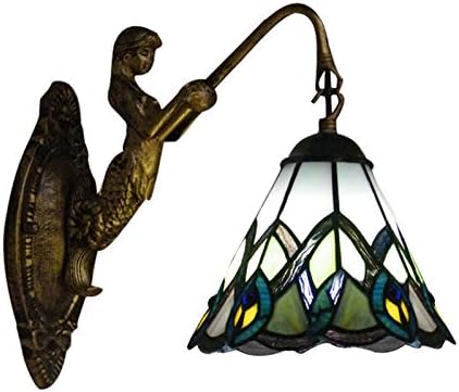 LITFAD Mermaid Wall Sconce Features Beautiful Peacock Tail Pattern Tiffany Stained Glass Shade Wall Light Decorative LED Wall Lamp for Staircase Bedroom Hotel Restaurant