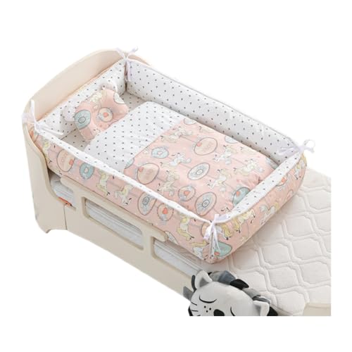 AOUTN両面純綿ベビーベッド、ポータブル抗圧力ハイサイド授乳ベッド、新生児、ガードレール、折りたたみ式、新生児用添い寝、通気性、取り外し可能、洗える、0-36ヶ月、ベビークッション、出産祝い、キルトと枕を含む (カルーセル【キルト付き】)