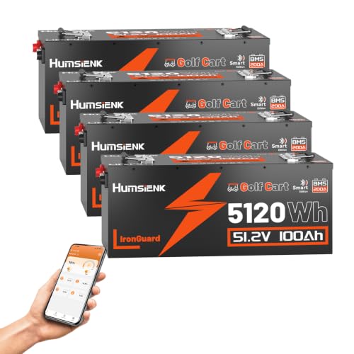 Image of HumsiENK 4Pack 48V 100Ah Golf Cart Battery, Metal Casing LiFePO4 Battery with 200A BMS (410A Peak), Bluetooth & LCD Monitor, 5.12kWh Deep Cycle Lithium Replacement for Club Car, EZGO, Yamaha