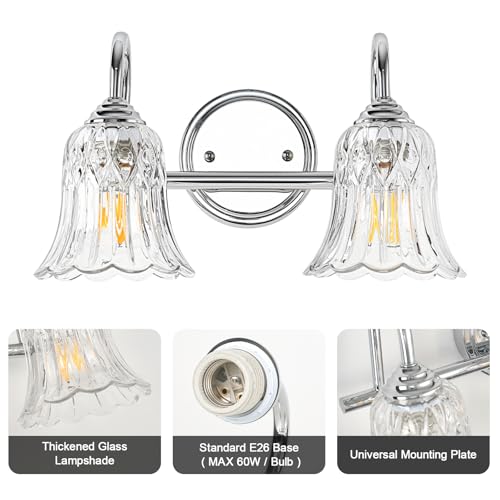 Image of Vintage Farmhouse Bathroom Vanity Light Fixture, 3-Light Chrome Wall Sconce Over Mirror with Tulip Flower Glass Shade, 14.6 Inch Bath Wall Lamp for Bathroom Bedroom Hallway