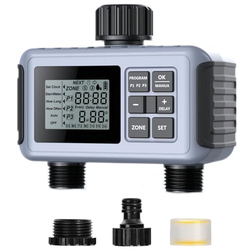 Shrivee Irrigation Computer 2 Salidas, Programador automático de riego de Jardines/Pantalla LCD/Bloqueo de niños/Retraso por Lluvia/riego Manual