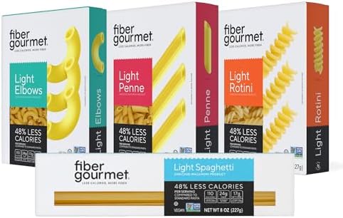 Fiber Gourmet Pasta Variety Pack, 1 8oz Box Each of Spaghetti, Rotini, Penne, Elbows, Low Calorie & Fiber-Rich Pasta Bulk, Made in Italy, Non-GMO, Kosher, Vegan (4-Pack)