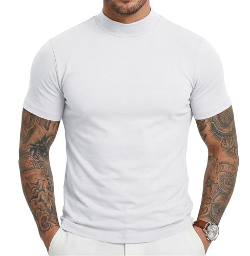 Mens Mock Turtleneck T-Shirts Short Sleeve Lightweight Soft Basic Solid Pullover Undershirt Tops White