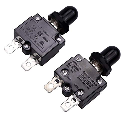 Rkurck 5 Amps Push Button Circuit Breakers, Ac 125/250V Dc 50V Thermal Overload Protector With Quick Connect Terminals And Waterproof Button Black Cap, Manual Reset Thermal Circuit Breaker 5A(2 Pcs） #TOP2