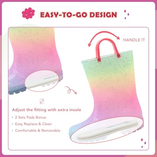 EUXTERPA Toddler Kids Waterproof Light Up Rain Boots Patterns and Glitter Boots with Handles for Boys Girls4