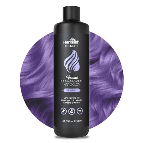 Herbishh Koloret Periwinkle Semi Permanent Hair Color, Ammonia Free & Vegan Hair Dye, Long-Lasting Up to 3 Weeks, Full Grey Coverage, Temporary Hair Color, Lavender Dye, Non-Drip Formula 8.5 fl. oz