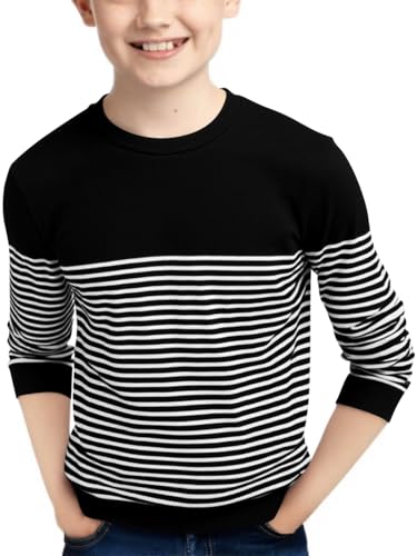 Haloumoning Boys Striped Sweaters Kids Fall Fashion Crewneck Rib Knit Pullover Sweater 5-14 Years