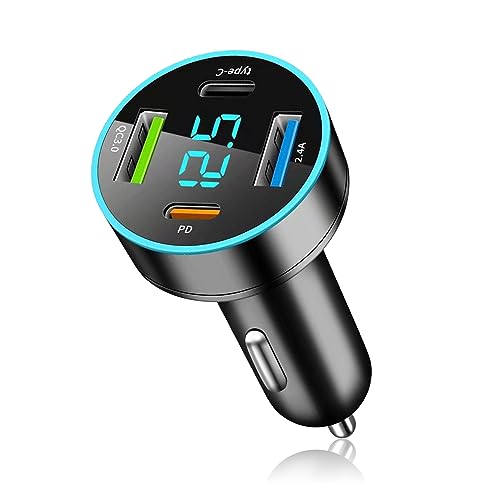 4 Ports Fast Car Charger,[Upgrade Voltmeter Display] PD+QC3.0+USB C Car Charger for 12-24V Cigarette Lighter Plug,Car Phone Charger Compatible with iPhone/Android/Samsung/iPad (QC3.0+Type-C+PD+2.4A)