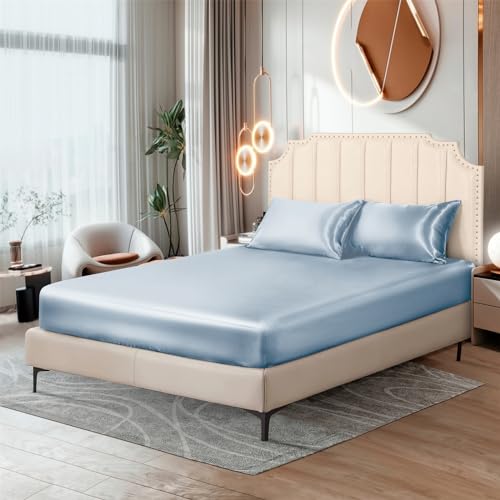 Image of Ersmak Silk Satin Fitted Sheet, Soft Deep Pocket Bottom Luxury Full Fitted Sheet, Wrinkle Free, Breathable, Fade Resistant - Baby Blue
