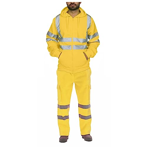 Thatrich High Visibility Safety Sweatshirt for Men, Class 3 Reflective Zippered Hooded Sweatshirts, Hi-Vis Safety Hoodies
