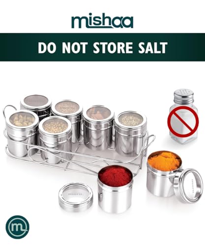 Image of Mishaa Steel Multipurpose Storage Containers - Perfect Organizer for Masala Spices, Herbs, Mouth Freshner, Dry Fruits, 130ml Each Airtight Containers with See-Through Lid (8IN1 RECTANGLE WIRESTAND)