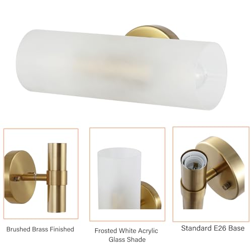 Image of Set of 2 Modern Wall Sconce 2 Lights Cylinder Wall Lamp Industrial Mid Century Bathroom Vanity Wall Light Frosted White Acrylic Glass Shade Brushed Brass Finished Lighting Fixture