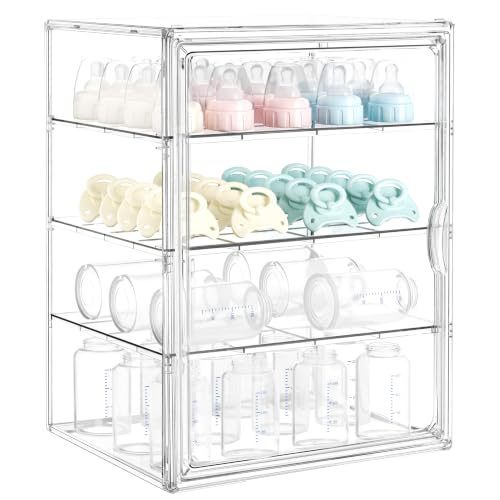 Image of HBlife Baby Bottle Storage Organizer for Countertop Cabinet, 4 Tiers Adjustable Clear Acrylic Bottles Storage Station Case Box Container with 3 Removable Dividers and Magnetic Door, X-Large