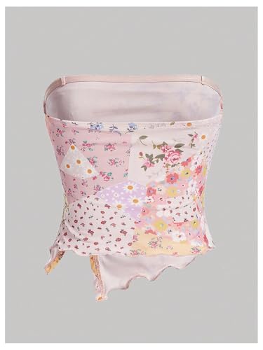 WDIRARA Girl's Boho Floral Print Strapless Mesh Tube Top Split Hem Sleeveless Bandeau Crop Tops2