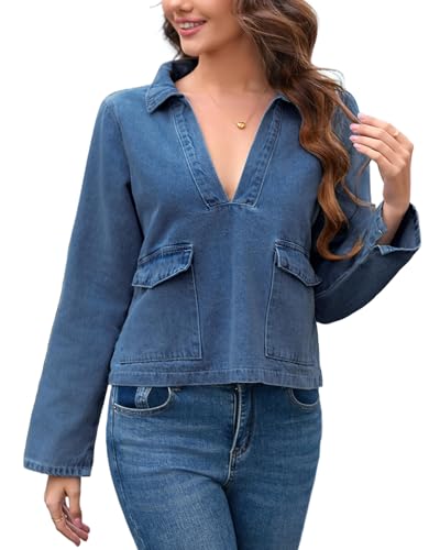 Kedera Women's Denim Pullover Casual V Neck Blouse Loose Fit Long Sleeve Jean Jacket Western Shirt with Pocket3