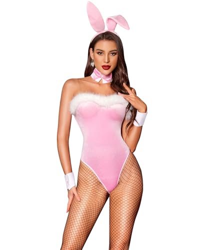 RSLOVE Kostium na Halloween dla kobiet, kostium króliczka, przebranie Cosplay dla kobiet, różowy, rozmiar M
