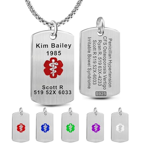 Custom Sterling Silver Medical Alert Necklace, Laser Engraving Personalized Emergency Identification Medic ID Dog Tag Medical Alert Jewelry for Men Women