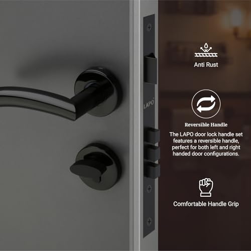 Image of LAPO Mortise Door Lock for Home Main Door & Bedroom with Handle | 50x85mm Body | Heavy-Duty 70mm Cylinder | 3 Brass Keys | Left-Right Fit 30-50mm Door Home Office Hotel | Black Finish | CMH-5T