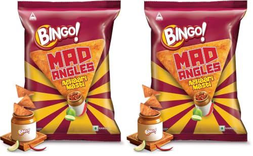 Image of Bingo! Mad Angles Achaari Masti - Desi Mango Pickle Flavour Crunchy Triangle Chips | Tasty Snack for Any Time Cravings, 64g /60g (weight May Vary) (Pack of 2)