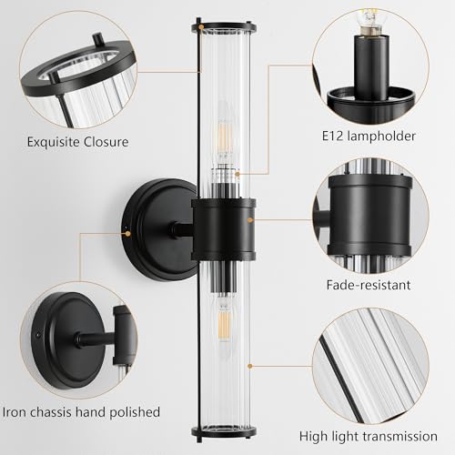 Image of Wall Sconces Set of Two, Black Bathroom Sconces Wall Lighting - Modern Vanity Light Vertical and Horizontal Wall Mount 2-Light Indoor Wall Light for Hallway Living Room(E12 Bulbs Excluded)