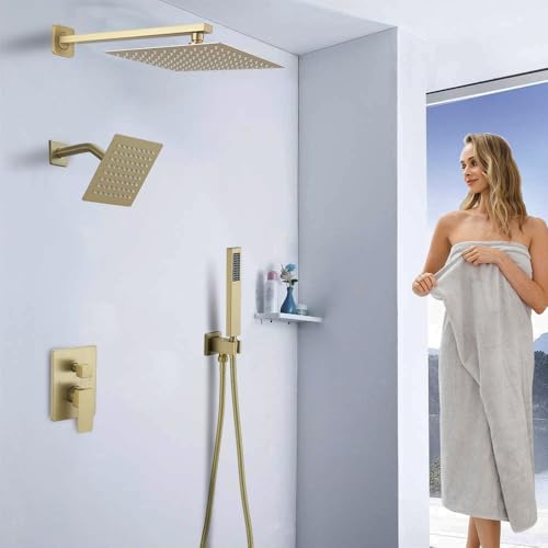Set de Grifo de Ducha sistema con acabado dorado cepillado, con manija de desvío y rociador de mano de alta presión, instalación en pared con cabezal de ducha de 10 pulgadas y cabezal adicional de 6 pulgadas miniatura 2