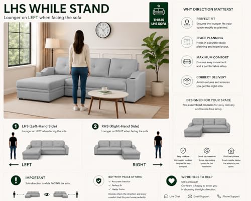 Image of Casaliving Ravonna LHS 4 Seater L Shape Corner Sofa Cum Bed for Living Room (Pine Fabric) Premium Fabric Sofa