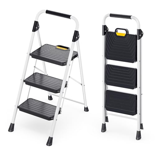 KINGRACK Sturdy Steel 3 Step Ladder, Folding Step Stool with Handrail, Anti-Slip Wide Pedals, Safe-Lock Design, Pass 800lbs Load Testing, Portable Ladder for Multi-Purpose in Home, Kitchen, White