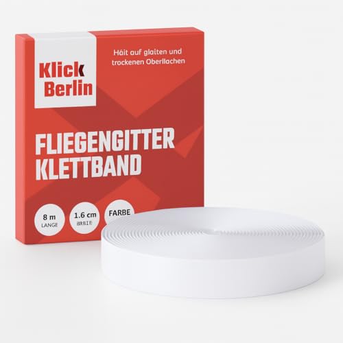 Klick Berlin Fliegengitter Klettband Extra Stark Weiß | 8 Meter lang 16 Millimeter breit selbstklebend | 8M 16MM | Insect Stop Band | Klebestreifen Fliegengitter Klettband Fliegengitter