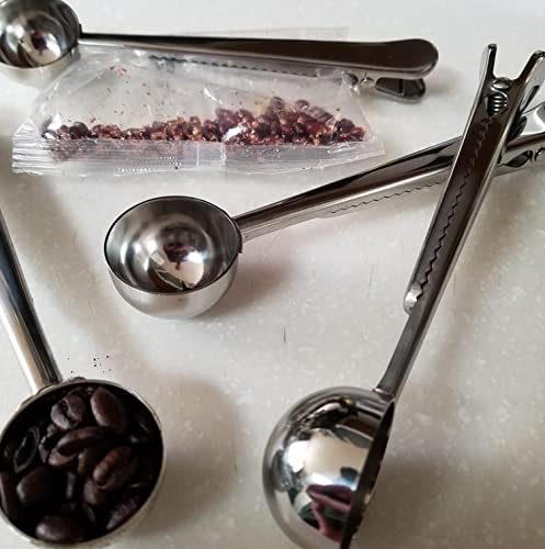 The Clamp Coffee Spoon - Multi Functional Stainless Steel, for Measuring Coffee, Tea, Protein Powder, Instant Drinks, More 2 in 1 Strong Handle and (4 Spoons), 8in x 1.5in 1in