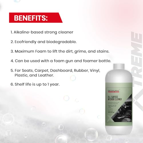 Image of Dry Foam Interior Cleaner - All Purpose Car Interior Cleaning Solution | Alkaline-Based, Anti-Bacterial Foam | For Dashboard, Seats, Leather, Carpet & Plastic - Super Concentrated - 1 Liter