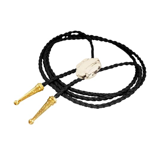 Image of Daisy Del Sol Gemstone Bolo Tie Braided Vegan Faux Leather Natural Stone Gold Handmade Necklace Adjustable Boho Western Jewelry