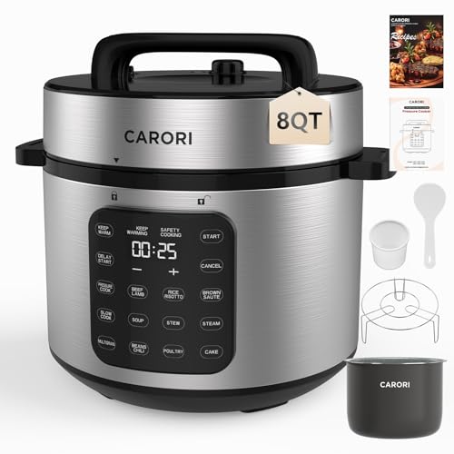 Image of Carori 8 Qt Electric Pressure Cooker, 9-in-1 Multi-Cooker 1000W with IMD Touchscreen, Non-Stick Inner Pot, For Pressure /Slow /Rice Cooking, Steaming, Saute & Keep Warm, Silver